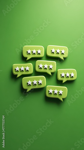 Five star rating, customer feedback, green background, speech bubble, review, satisfaction