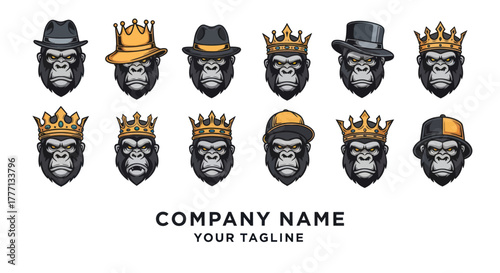 Gorilla Heads with Various Hats and Crowns Representing Royalty and Style.