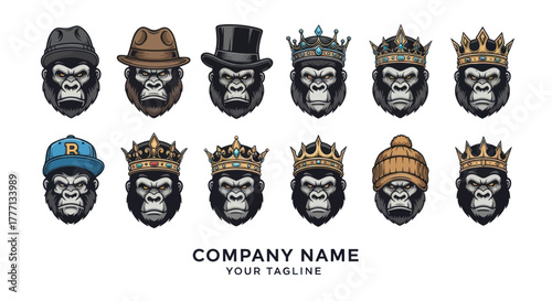 Collection of Gorilla Heads with Various Hats and Crowns.