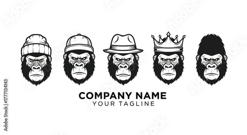 Five Gorilla Heads with Different Headwear and Accessories.
