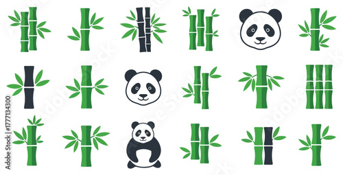 Collection of stylized panda bears and bamboo stalks in various arrangements and designs