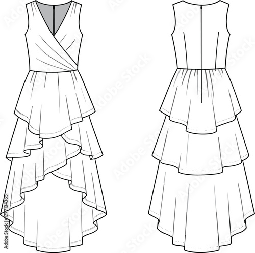 Layered ruffle sleeveless dress, high low hem, fashion technical sketch, front back flat drawing, cad vector illustration, detailed outline