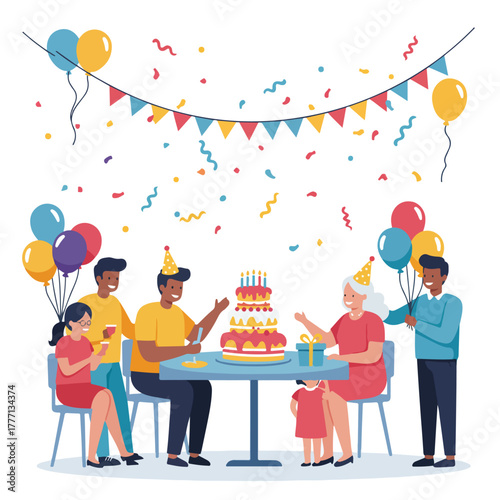 A birthday celebration scene with a tiered cake balloons confetti and party hats around a table with diverse people