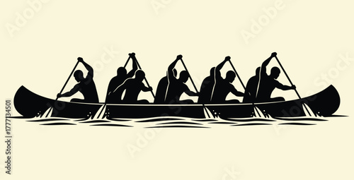 Silhouette of a team rowing a canoe together in a race on the water for competition