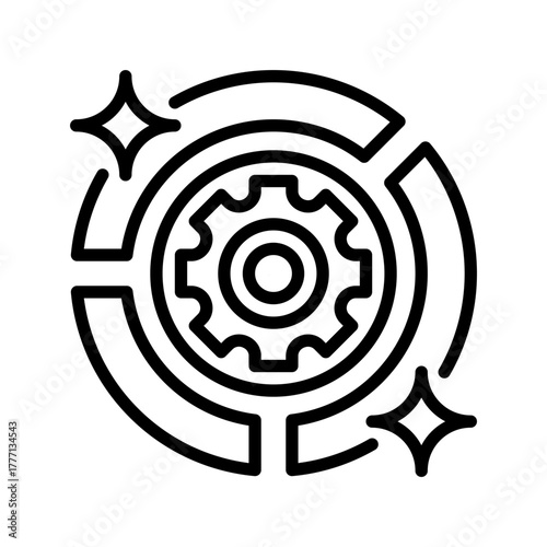 Pie Chart with Gear Line Icon, Outline Symbol for Data Optimization, Performance Analysis, Business Intelligence, Metric Adjustment, and Operational Strategy. Vector Sign Icon.