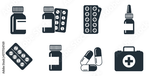 Collection of medical supplies including pills bottles and a first aid kit illustration