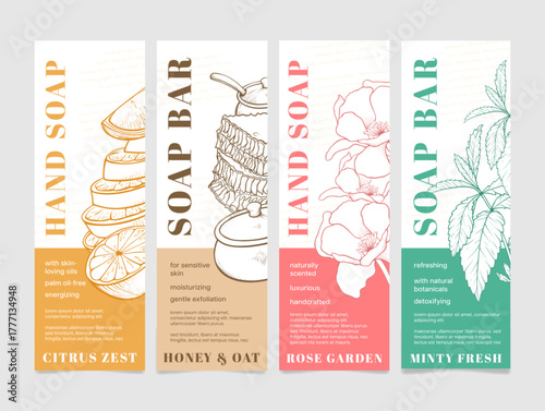 Hand soap labels featuring unique scents and natural ingredients for effective cleansing