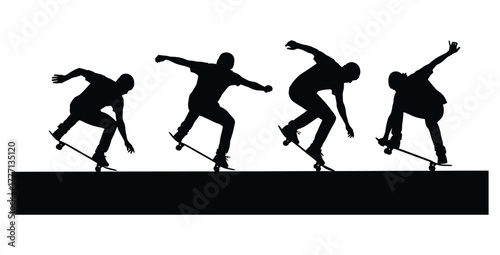 Silhouette of skateboarder performing tricks in sequence against a white background