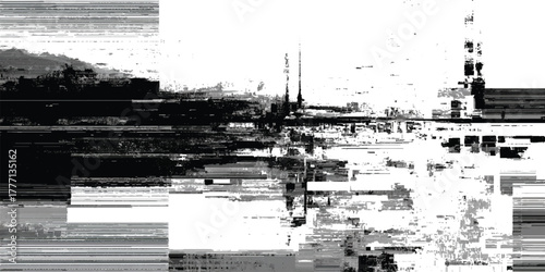 Glitch art cityscape with distorted digital noise and abstract urban skyline in black and white contrast.