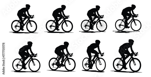 Cyclists in silhouette riding road bikes in a race or training session on white background
