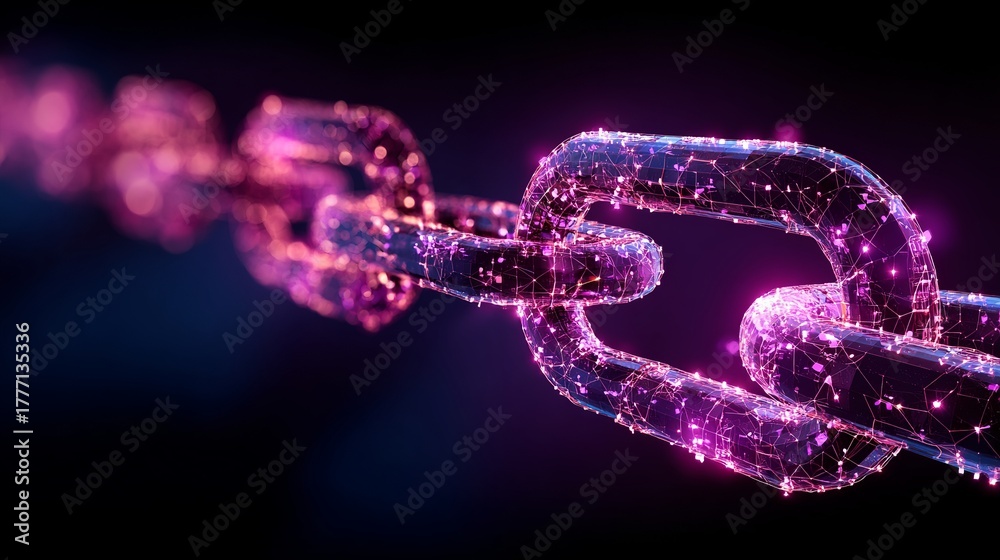 Fototapeta premium Securely connected digital chain links sparkle with vibrant data nodes, symbolizing futuristic technology and unbreakable global networks