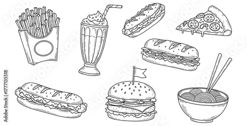 Hand drawn fast food illustration featuring burger pizza fries milkshake and sandwiches