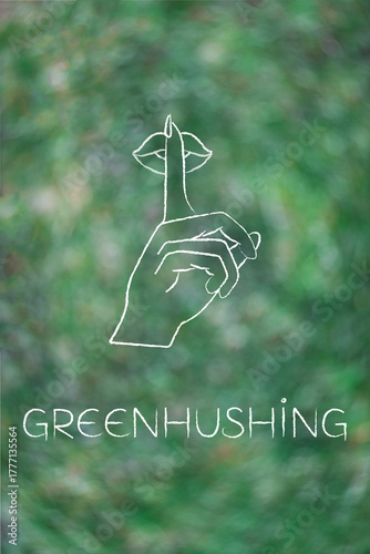 greenhushing concept illustration with shush hand gesture on green background