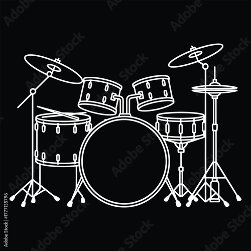 Minimalist white line drawing of a drum set on a black background perfect for music themes
