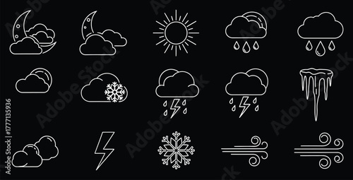 Weather forecast icons representing various conditions like sun rain snow and wind patterns