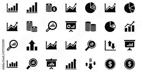Collection of business and finance icons representing data analysis and market trends
