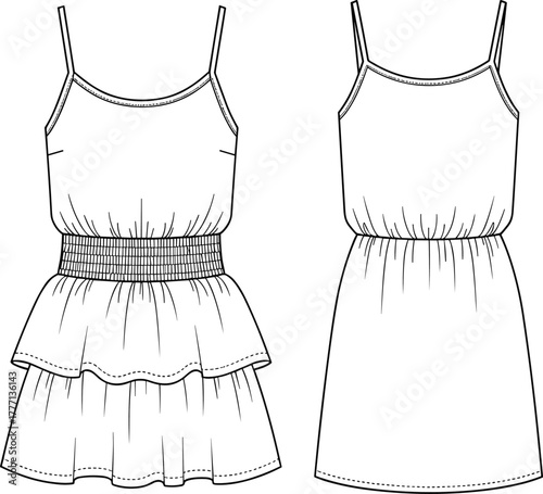 Spaghetti strap tiered ruffle dress technical fashion sketch, front and back vector illustration, elastic waist detail, stylish flat drawing