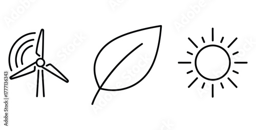 Wind turbine leaf and sun icons representing renewable energy and environmentalism