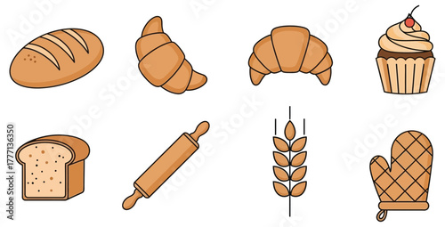 Assortment of bakery goods including bread croissants cupcake rolling pin and oven mitt