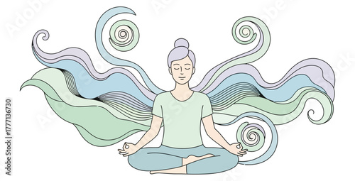 Woman meditating with flowing energy waves in a serene and peaceful yoga illustration