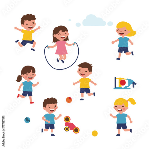 Illustrative artwork of children playing Some are running jumping rope or with toys Includes balls and a thought bubble