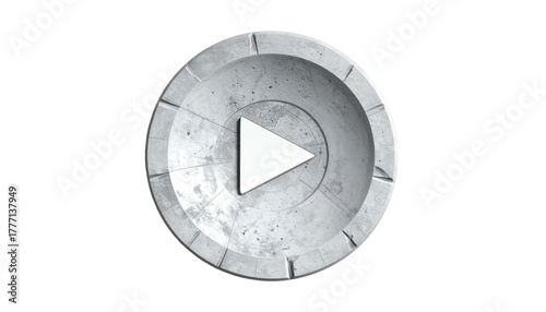 Stone circle with play button, white, central on dark background