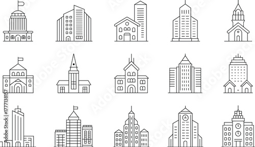 Line art city buildings icons, urban skyline silhouettes, modern architecture vector set, office towers, churches, government buildings, residential structures, urban design.