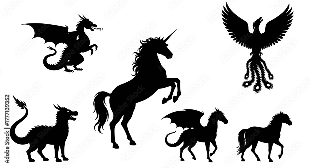 Naklejka premium Mythical Creatures Silhouette Set Dragon Unicorn Pegasus Phoenix Graphic Elements