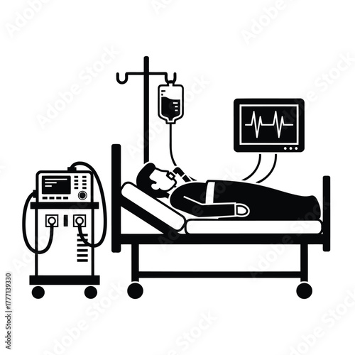 Patient in hospital bed with medical equipment, including iv drip and heart monitor, representing healthcare and recovery
