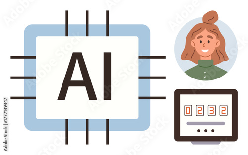 AI inside a microchip with person avatar and digital data display, highlighting human-AI connection. Ideal for technology, innovation, human connection, machine learning, future, digital