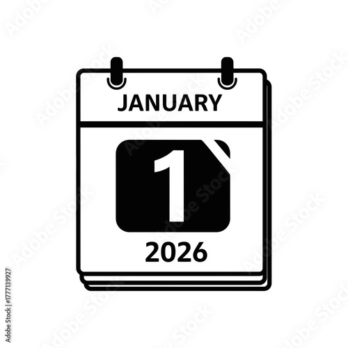January first two thousand twenty six calendar icon in black and white simple vector illustration