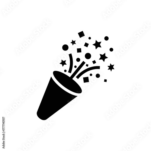 Black silhouette of a party popper exploding with confetti stars circles and squares on white background