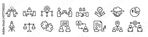 Flat outline innovation process, puzzle solution, communication strategy, handshake, contract, project management, corporate handshake icon set concept for professional cooperation and success growth