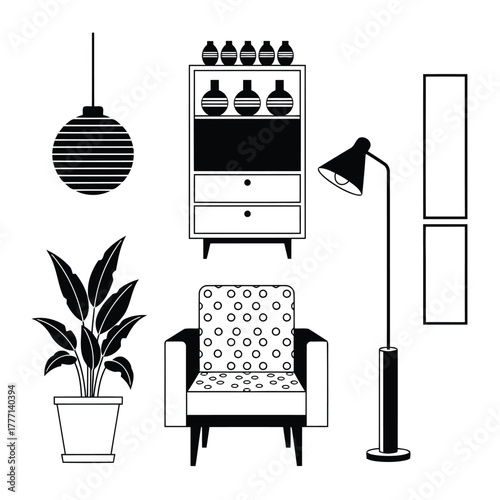 Modern interior design elements including a chair, lamp, plant, and cabinet