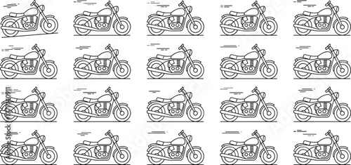 Line art motorcycle vector icons, cruiser bike illustrations, vintage transport, minimal outline drawing, fast riding motorbike silhouette design pack