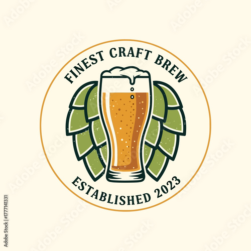 Vintage craft beer logo with a pilsner glass and hop wings emblem.