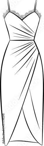 Lingerie strap dress technical flat sketch, wrap style, ruched waist, lace trim detailing, vector CAD fashion design illustration