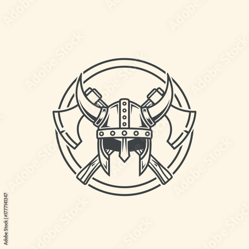 Viking warrior helmet with crossed axes emblem logo.