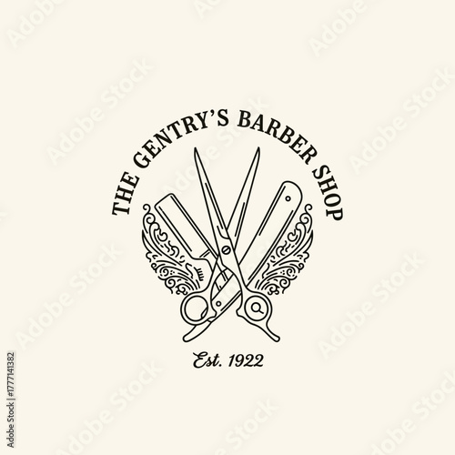 Vintage Barbershop Logo with Scissors and Straight Razor.