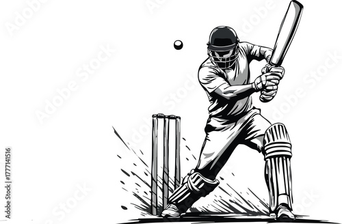 Black and white cricket batsman illustration with bat, gear, stumps, and dynamic action pose