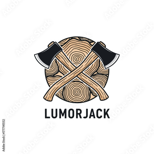 Crossed Axes and Wood Log Slices Logo Design for Lumorjack Brand.