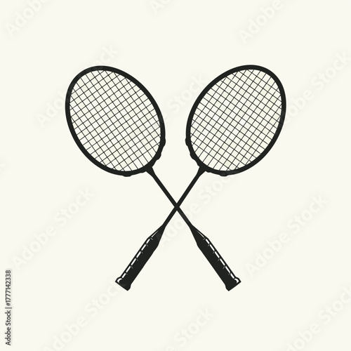 Two crossed badminton rackets on a light background, a simple illustration representing sports and recreation