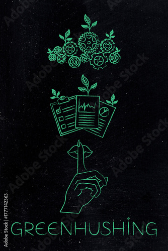 greenhushing illustration of a shush hand gesture green gearwheel mechanism and documents with leaves on them