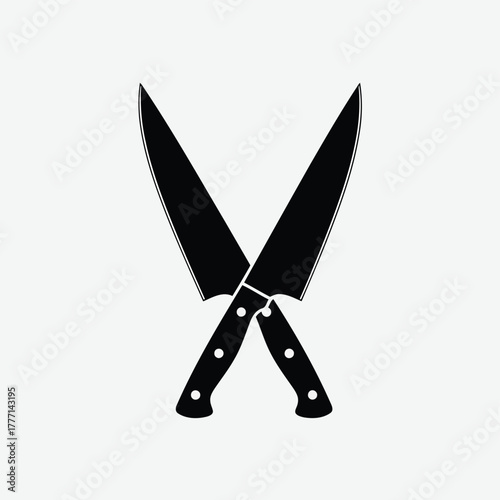Two sharp black chef knives crossed in a silhouette, symbolizing culinary arts and cooking, isolated on a light gray background