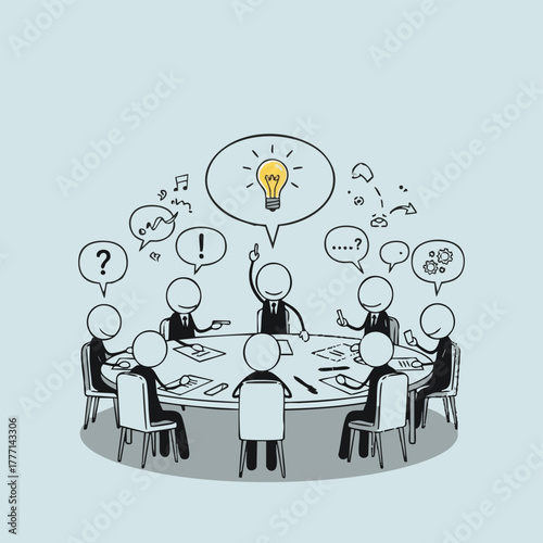 A team of stick figures brainstorms ideas around a table, with one person having a lightbulb idea, promoting collaboration.
