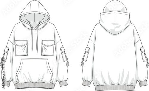 Oversized hoodie technical flat sketch, fashion CAD vector illustration with front and back view, streetwear sweatshirt design template drawing