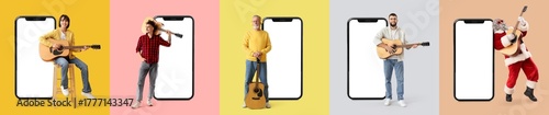 Set of people with guitars and big smartphones on color background