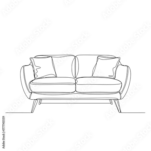 Minimalist single line drawing of a modern sofa with two cushions on a plain