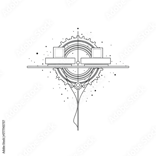 Intricate geometric line art design featuring interlocking gears and abstract shapes, symbolizing complexity and structure