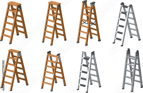 Step ladders, wooden and metal, safety design, industrial tools, construction gear, home equipment, ladder types, flat vector illustration